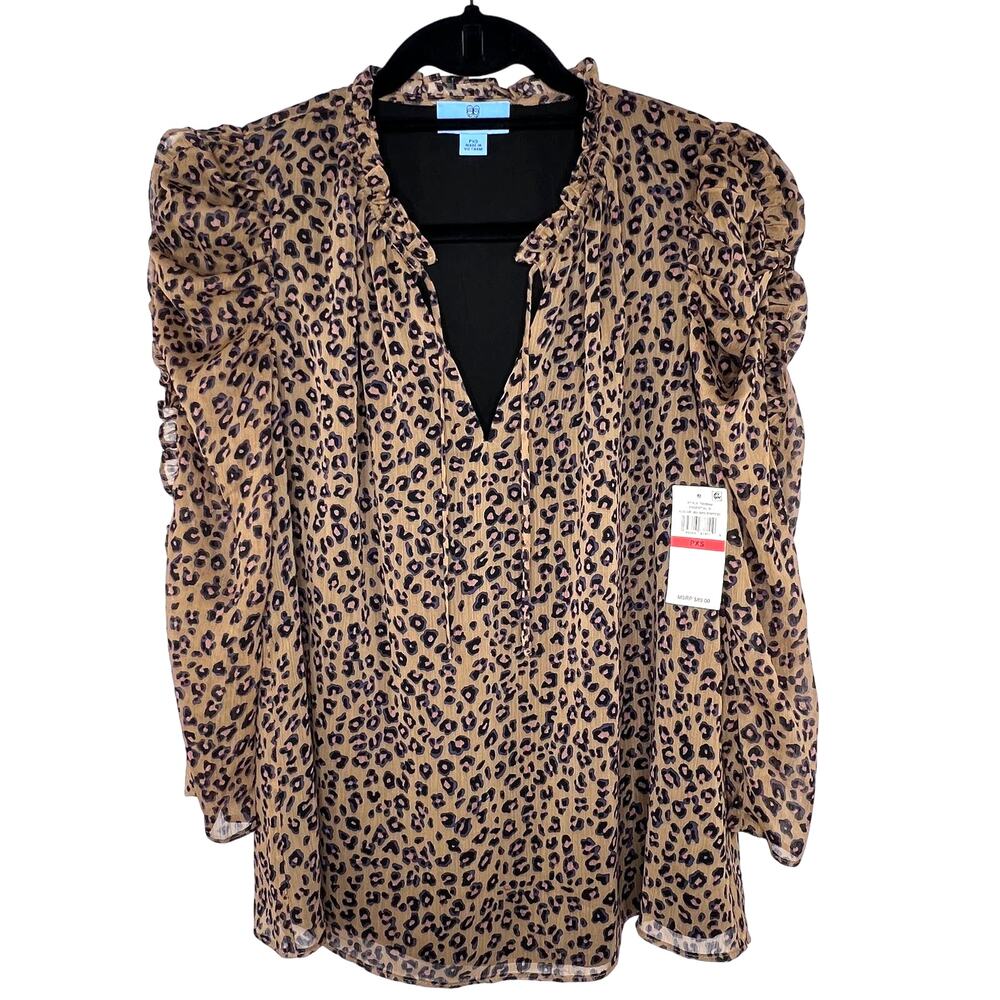New CeCe Size Petite XS Cheetah Print Ruched Sleeve V Neck Blouse